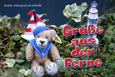 Urlaubsgruß, Bär, Boot, Kapitän, Leuchtturm, Teddybär, Text: Grüße aus der Ferne