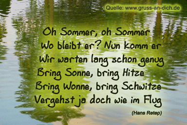 Sommerkarte, Bäume, Gedicht, Wasser, Text: Oh Sommer, oh Sommer Wobleibt er? ...