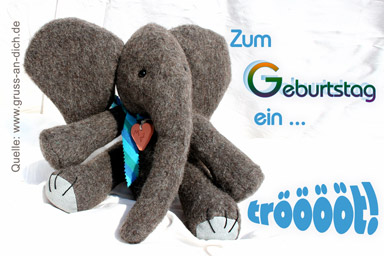 Geburtstagskarte für Kinder, Elefanten, Teddybär, Text: Zum Geburtstag ein trööööt!
