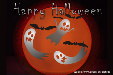Halloween-Karte, Fledermäuse, Geister, Text: Happy Halloween