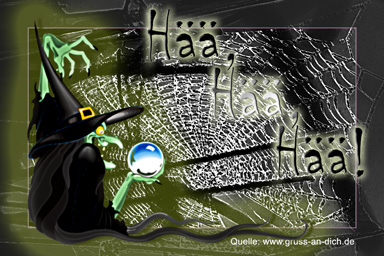 Halloween-Karte, Glaskugel, Hexe, Moderne Malerei, Spinnennetz, Text: Hää, Hää, Hää!