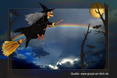 Halloween-Karte, Besen, Fledermäuse, Hexe, Mond, Regenbogen, Text: 