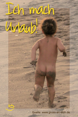 Urlaubsgruß, Baby, Kind, Strand, Text: Ich mach Urlaub!