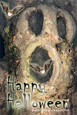 Halloween-Karte, Baum, Fledermäuse, Text: Happy Halloween