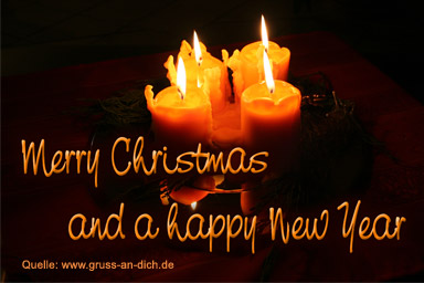 Weihnachtskarte, Kerzen, Text: Merry Christmas and a happy New Year