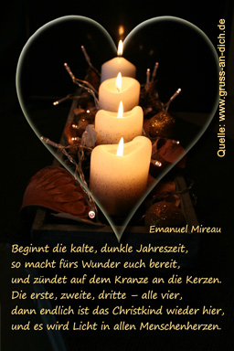 Weihnachtskarte, Gedicht, Herz, Kerzen, Text: Beginnt die kalte, dunkle Jahreszeit, so macht fürs Wunder ...