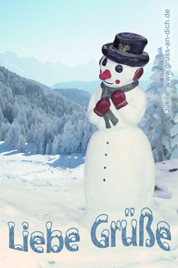 Winterkarte, Schnee, Schneemann, Winterlandschaft, Text: Liebe Grüße